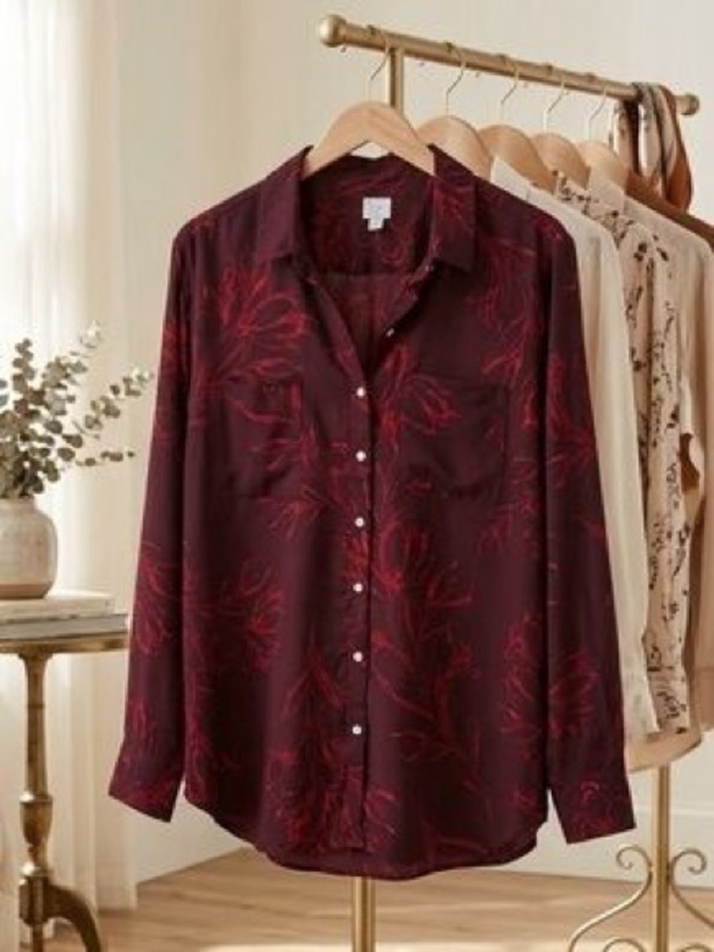 A New Day Maroon Floral Button-Front Blouse NWT Size Large